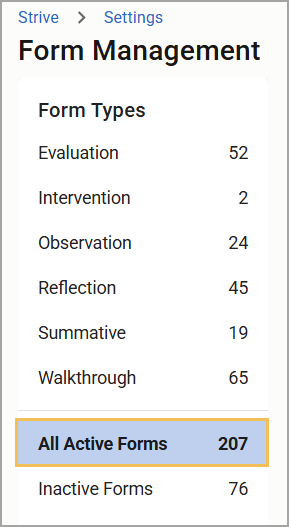 Overview of form management with active and inactive forms listed clearly.